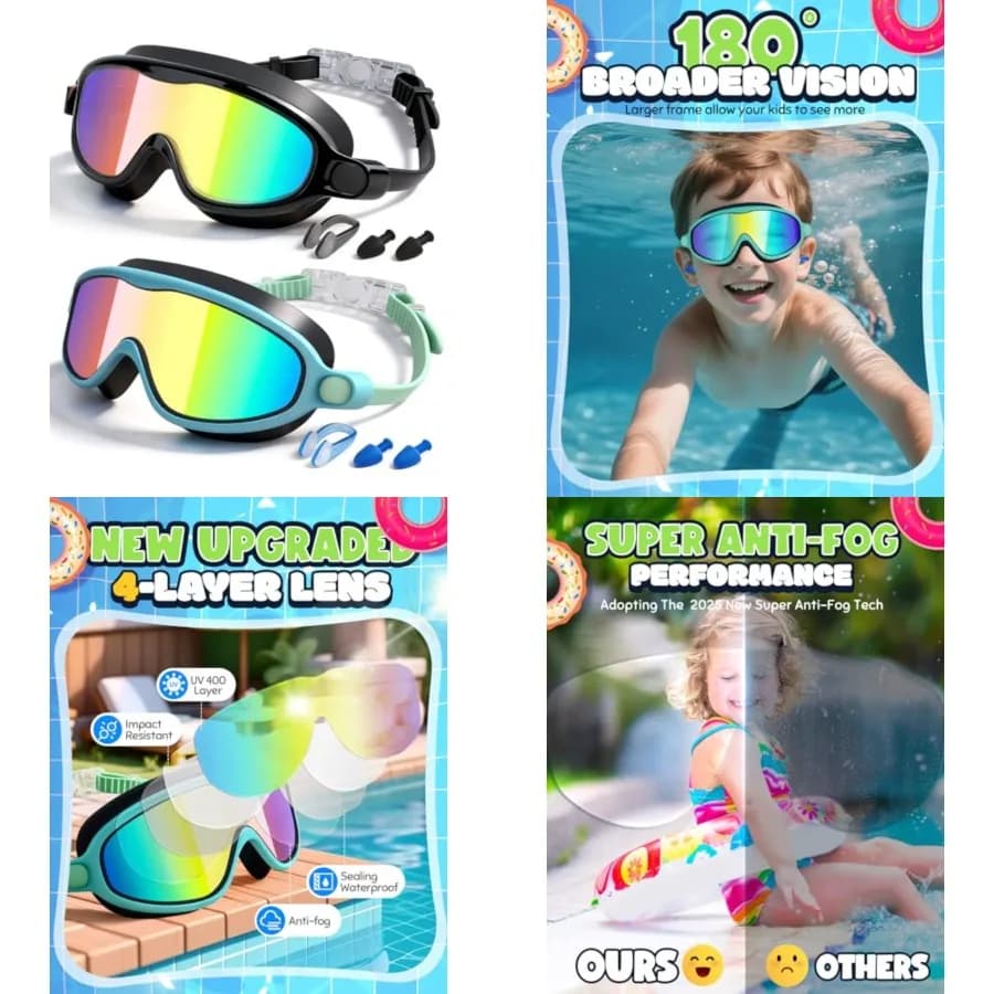 Occhialini da Nuoto 2 Pezzi, Occhialini Antiappannamento e Anti-UV per Bambini e Ragazzi, Occhialini da Nuoto Senza Perdite con Ampia Visuale per Bambini 3-14 Anni