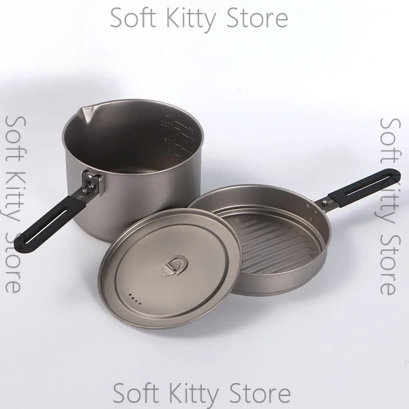 Set di Pentole e Padelle in Titanio Puro, Tre Pezzi, Portatile per Campeggio, Utensili da Cucina per 2-4 Persone