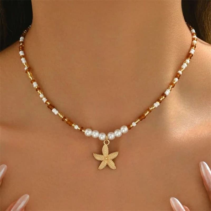 Bohemian Starfish Pendant Necklace, Handmade Rice Bead & Imitation Pearl Choker for Women
