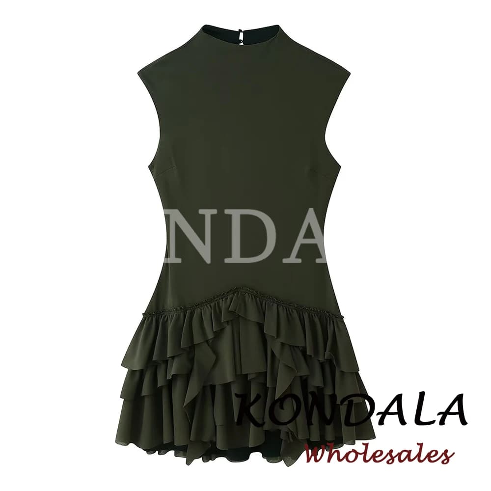 KONDALA Chic Sexy Green Fashion 2026 Woman Mini Dress Evening Party Spring Tiered Dress Sleeveless Solid Slim Female Vestidos