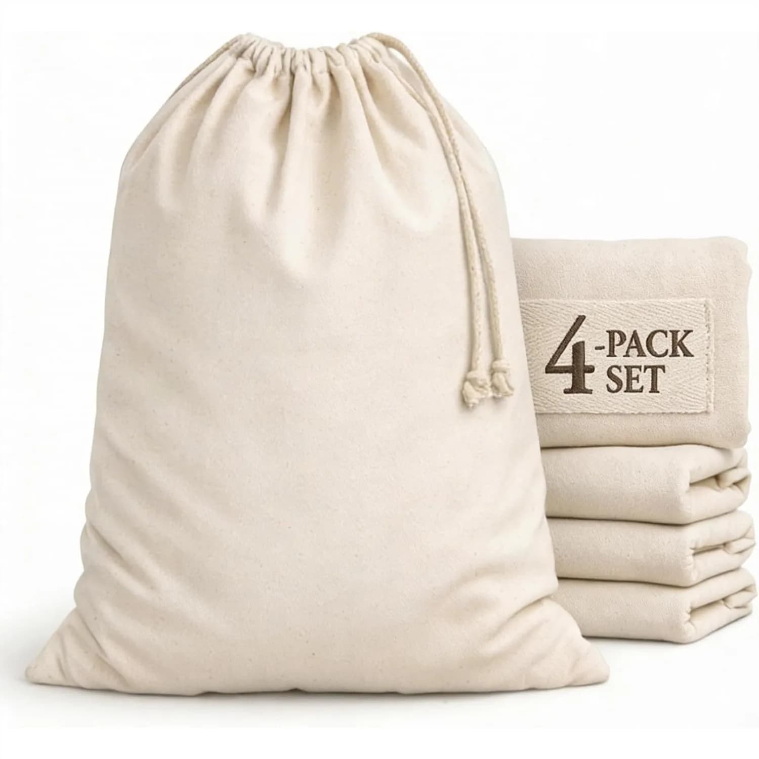Sacchi per biancheria in cotone, confezione da 4, 28x36, extra-large, resistenti, lavabili, con chiusura a coulisse, riutilizzabili, per viaggi e biancheria sporca