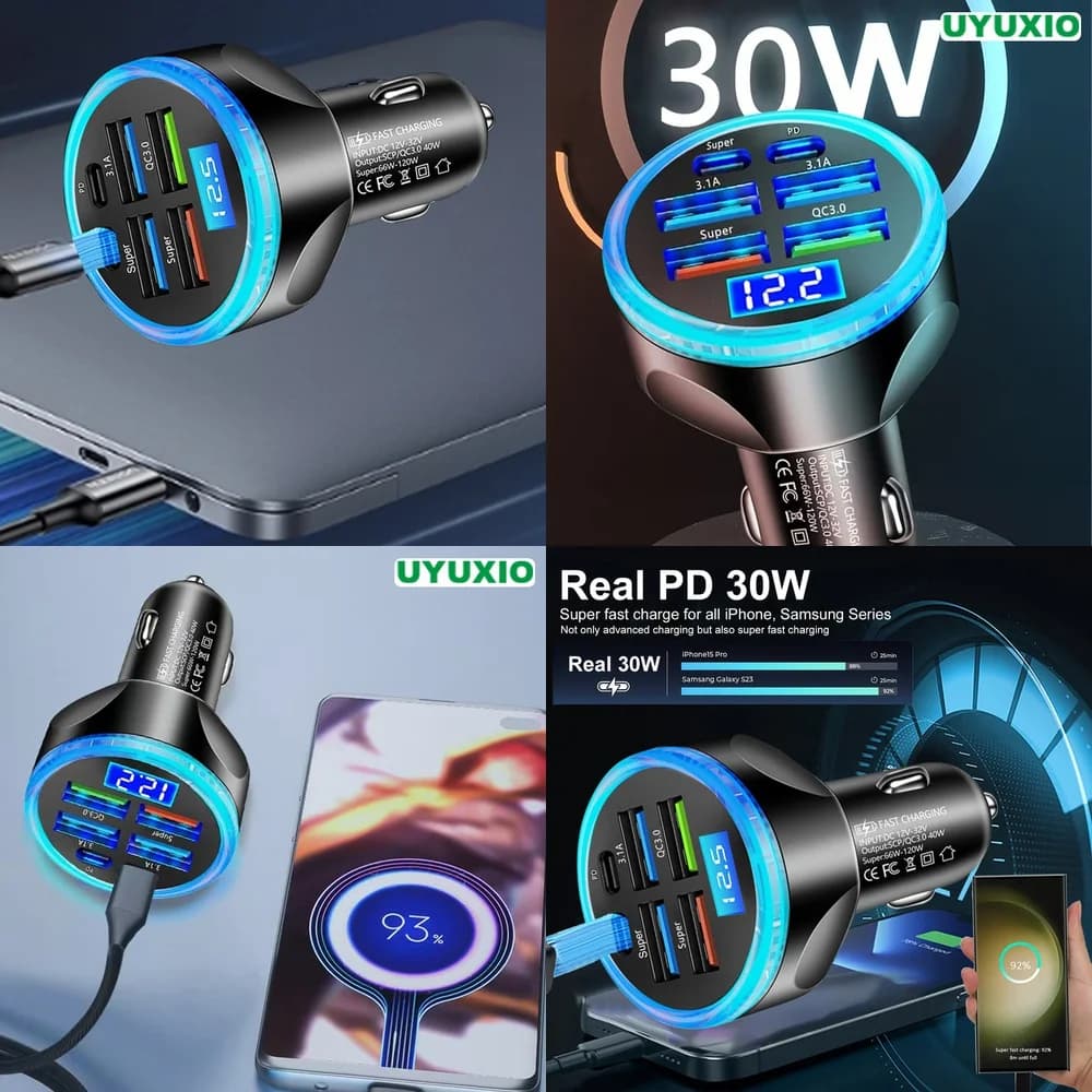 for iPhone 17 16 15 14 Pro Max Plus Smart IC Chip 6 Ports Car Charger LED Digital Display Super Fast PD 30W Fast Charging Plug