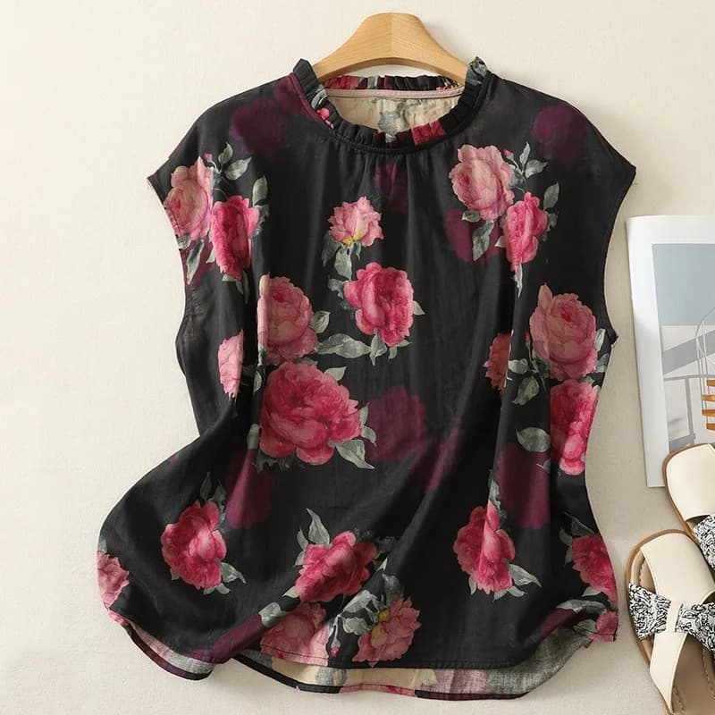 Loose Cotton Shirt Women's Large Size Artistic Vintage Grommet Collar Printed Loose Slimming Summer Mommy Style T-shirt