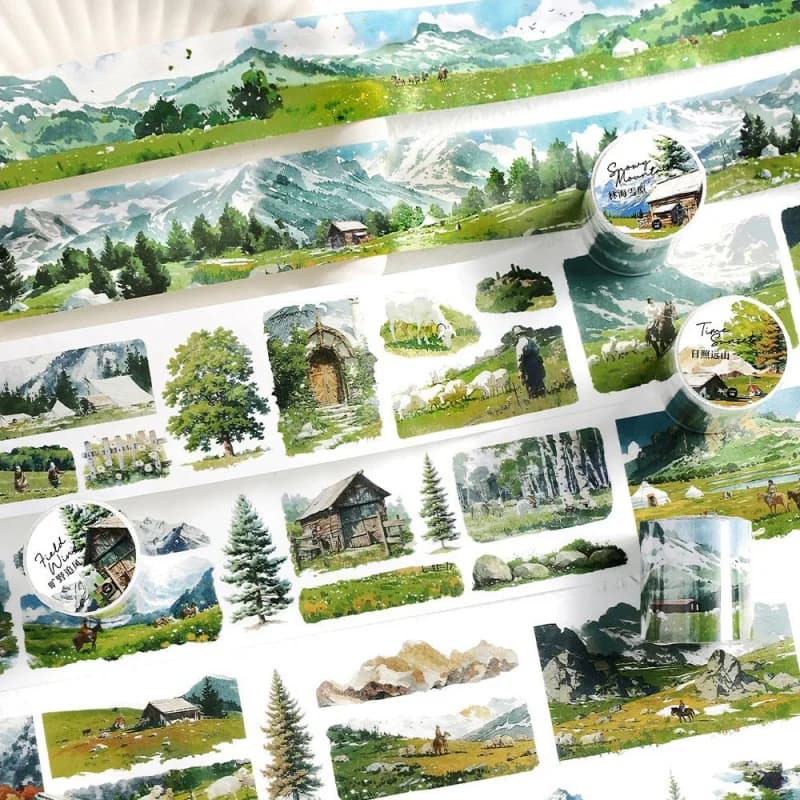 1 Roll Pastoral Wilderness Landscape Washi Tape Natural Scenic Pattern Decor Stickers For Scrapbooking Journal Diary Layout Deco