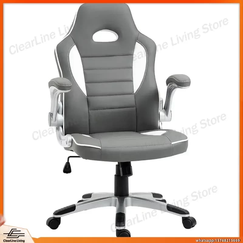 Grey Ergonomic PU Leather Gaming Chair with Adjustable Height 90° Flip Armrests 360° Swivel Casters Lumbar Support Racing