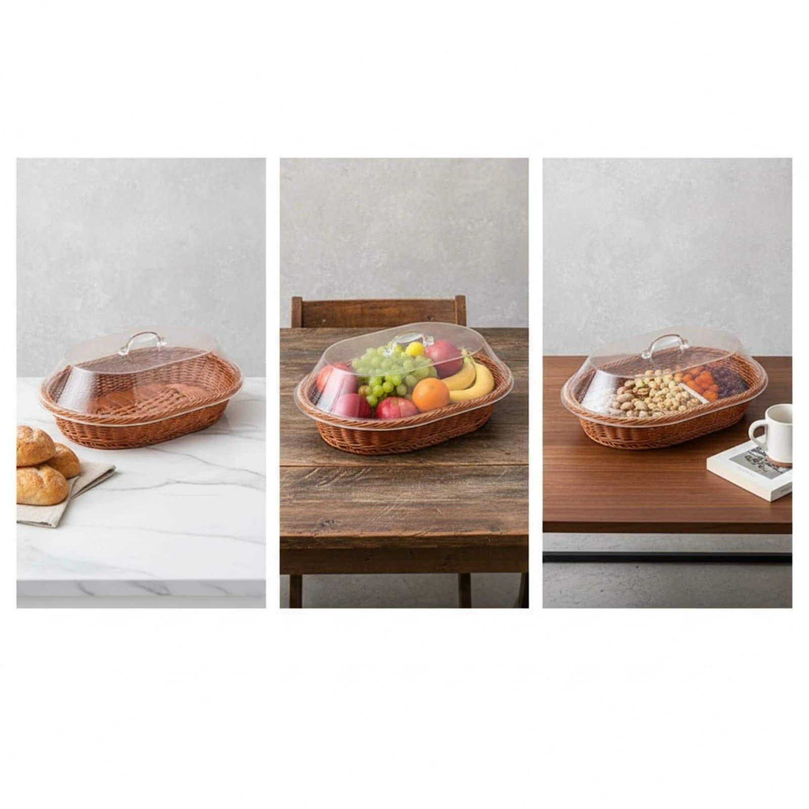 Bread Basket with Acrylic Cover Low-Height Rattan Basket with Acrylic Lid Rustic Decorative for Bakeries, Kitchen Countertop