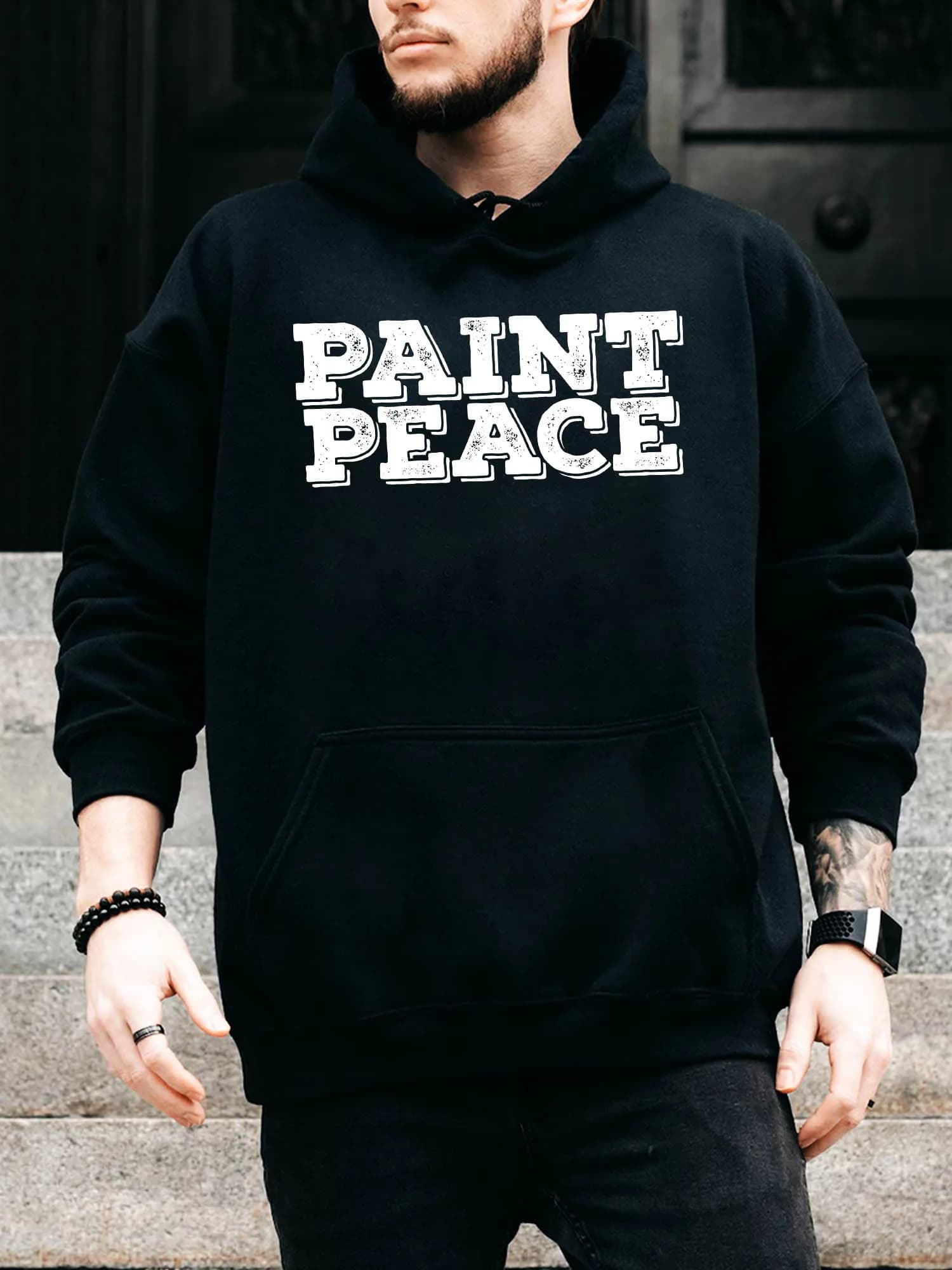 Felpa con cappuccio da uomo con coulisse Paint Peace - Pullover nero casual e confortevole, felpa con cappuccio autunno e inverno