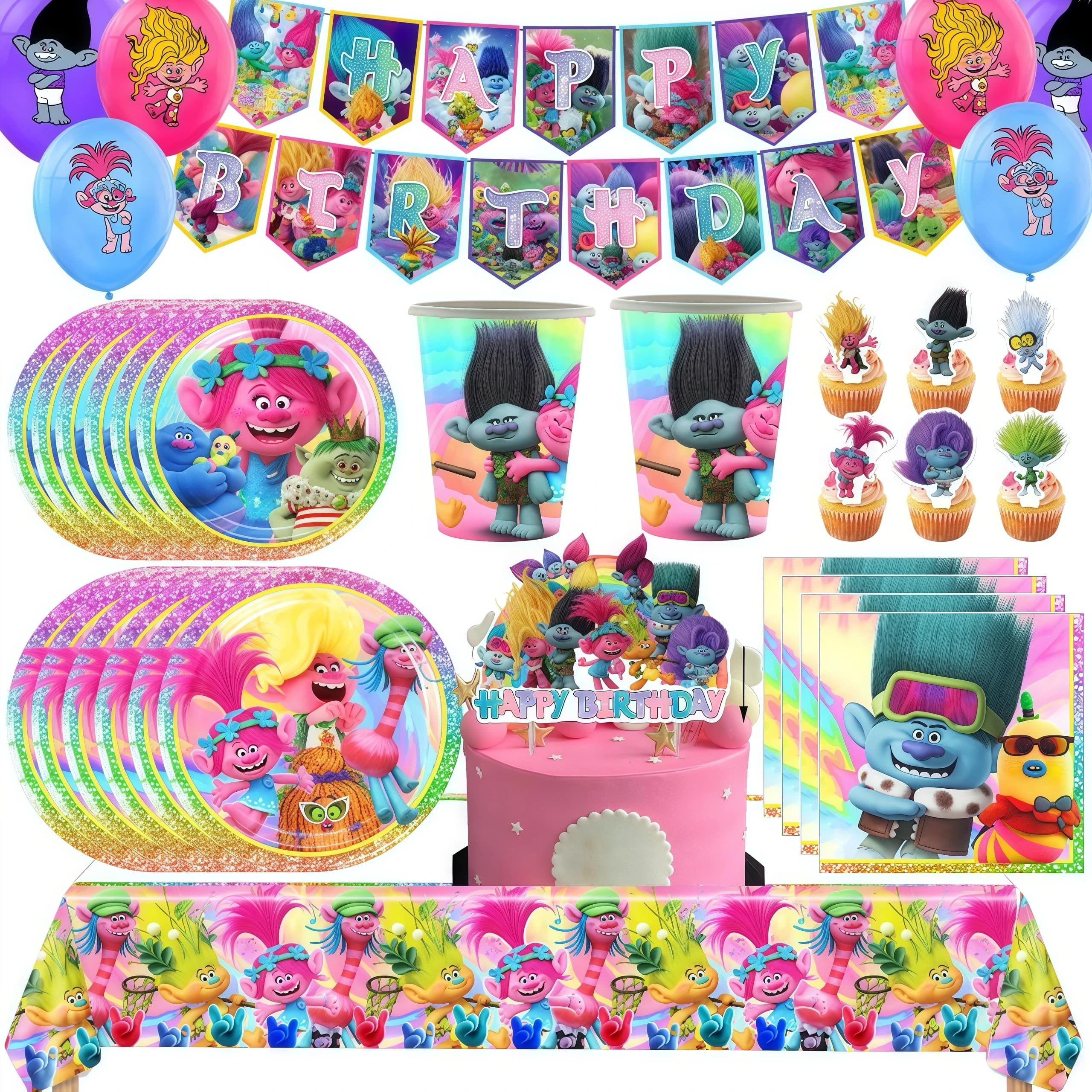 Hot Anime Trolled Decorazione per feste a tema Cartoon Capelli magici Stoviglie Piatto tazza Banner palloncino Compleanno per bambini Forniture per baby shower