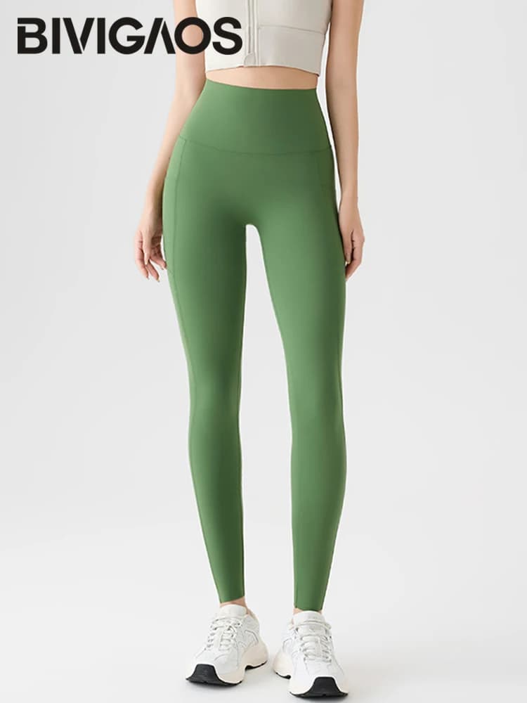 BIVIGAOS Leggings da donna in pelle di squalo con doppia tasca laterale primavera autunno Leggings da corsa fitness sportivi a vita alta elastici attillati