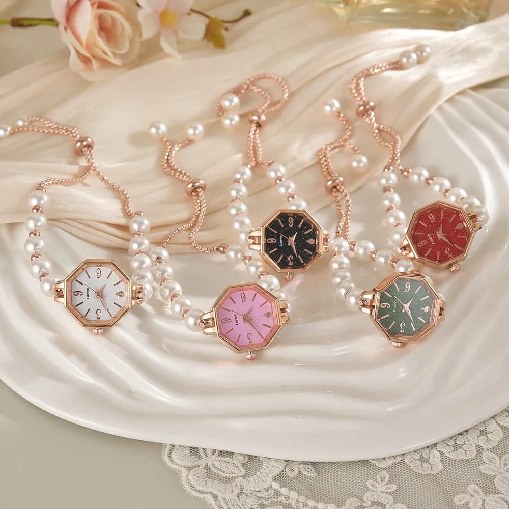 Women's Fashion Alloy Watch with Adjustable Strap in Pearls, Wrist Watch, Gift Bracelet