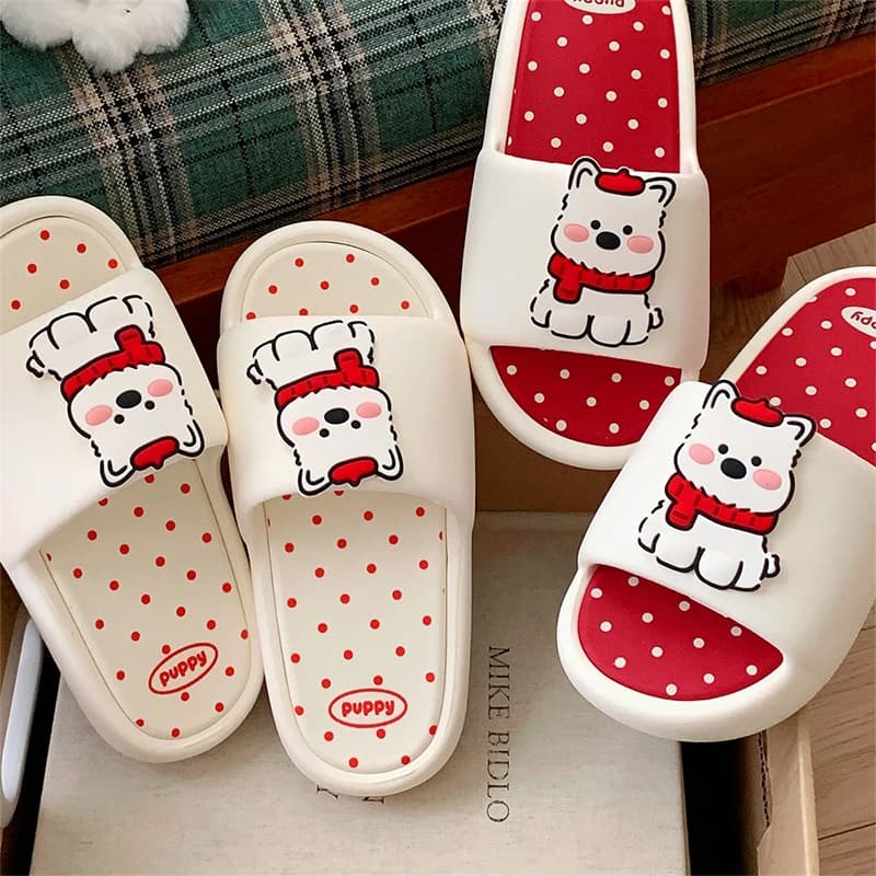 XIXITIAO Women's Bathroom Slippers Fashion Cartoon Cute Polka Dot Puppy Color Blocking Soft Non-slip Platform Home Shoes Sandals