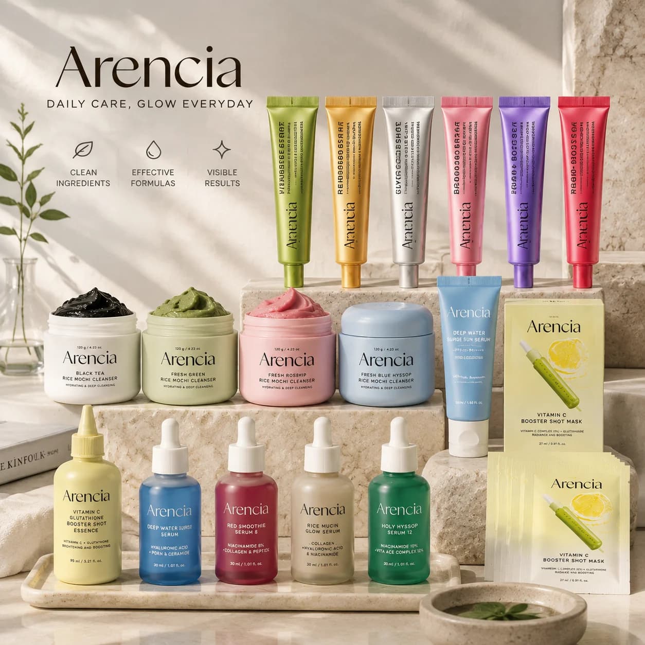 Arencia Retinal Eye Cream/Rice Mochi Cleanser/Ampoule Serum/Vitamin‑C Mask Gentle Clean Deep Hydrating Brighten Firming Skincare