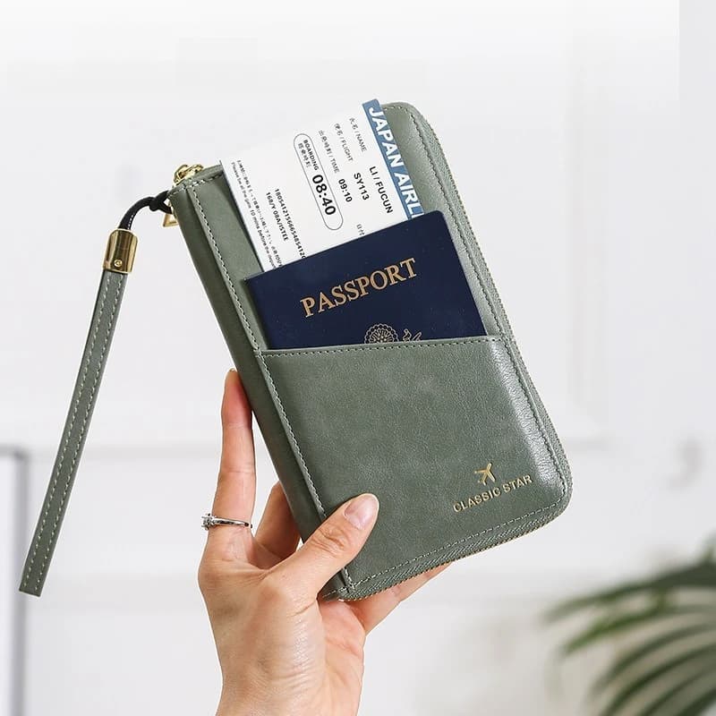 Porta Passaporto con Blocco RFID, Portafoglio da Viaggio con Cerniera, Organizzatore di Documenti, Accessorio Multifunzionale Portatile con 12 Tasche