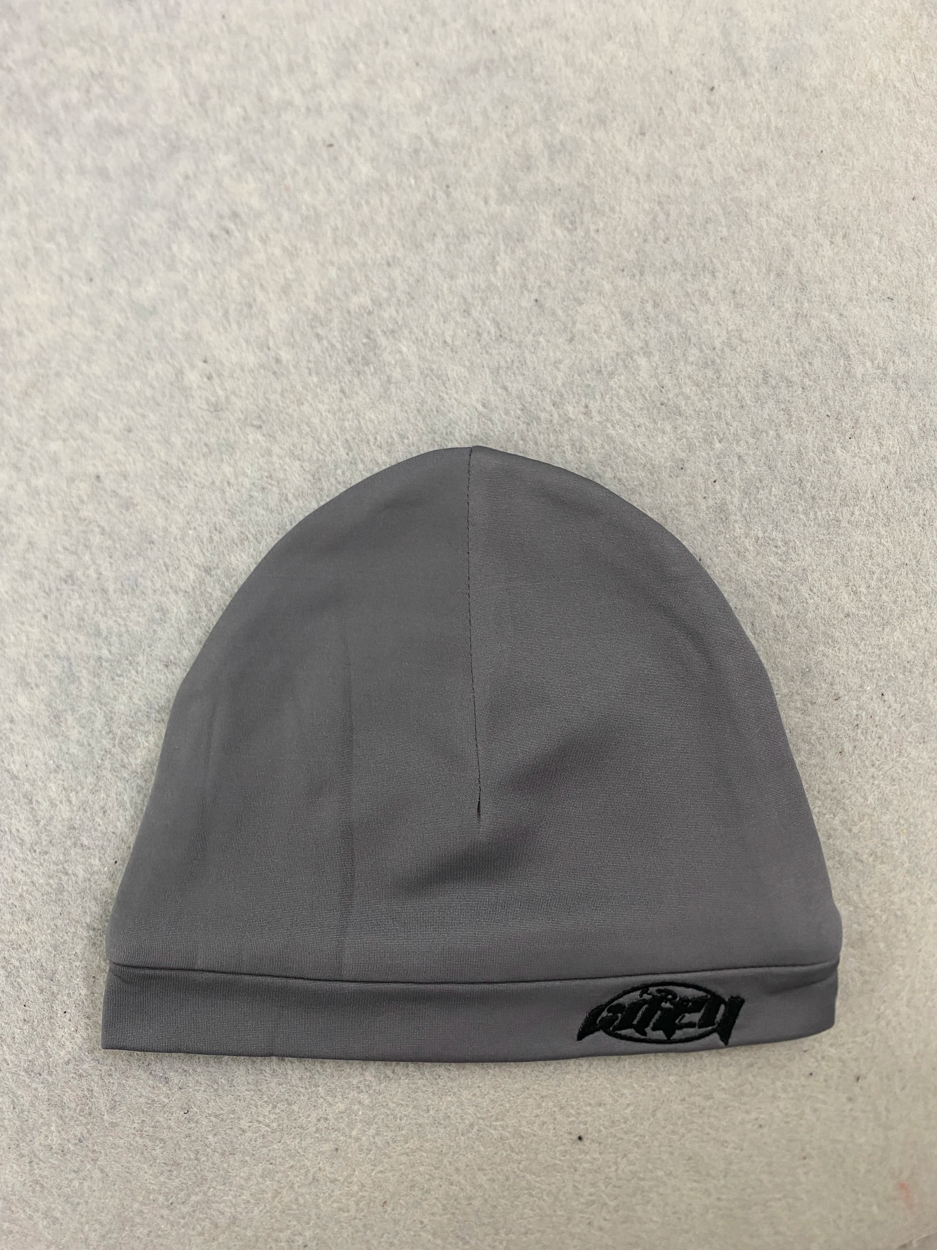 Dusty Blue Cuffed Beanie With Oval Black Logo Embroidery Thin Stretch Knit Skull Cap Streetwear Unisex Liner Hat One Size