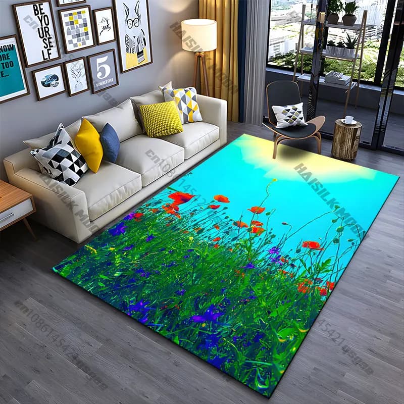 Tappeto decorativo per soggiorno, tappetino da gioco per bambini, tappeto per gattonare, tappetino da yoga, con motivi di natura, fiori, sole e cielo.