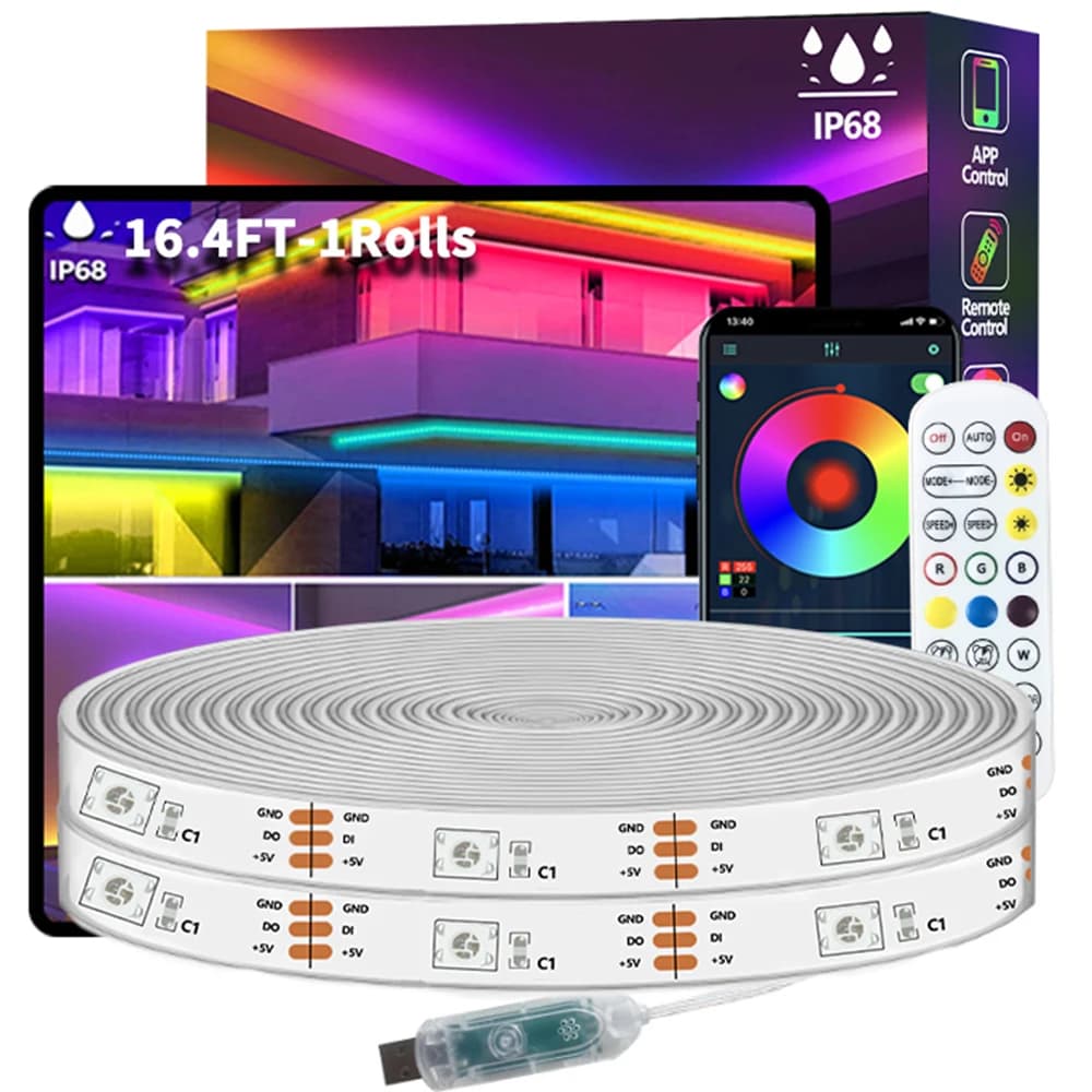 16.4ft 5V USB Powered RGB LED Strip, IP68 Waterproof Music Sync, App & RF Remote Control, Portable Color Changing Lights for Camping, Tent, Garden Party