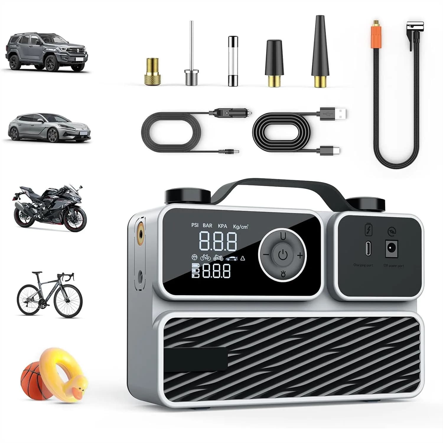 Compressore d'aria portatile senza fili 150PSI ricaricabile con spegnimento automatico per auto, moto, bici e palloni