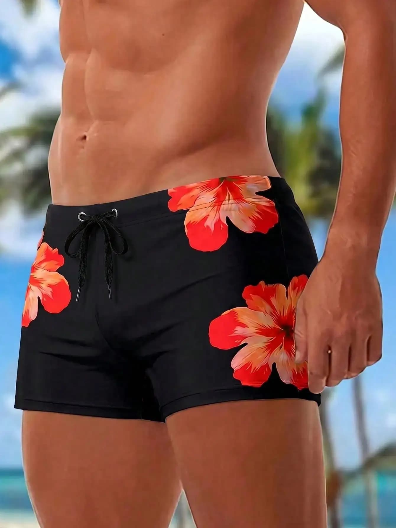 Manfinity Swimmode Men's Popular Printed Elastic Waist Casual Swimming Pool Sports Swim Trunks Men Swim Trunks Board Shorts With Compression Liner Bathing Suit Quick Dry ,Hawaiian Black Hawaiian Swim Shorts Flower Swim Trunks Men's Floral Swim Trunks Men'