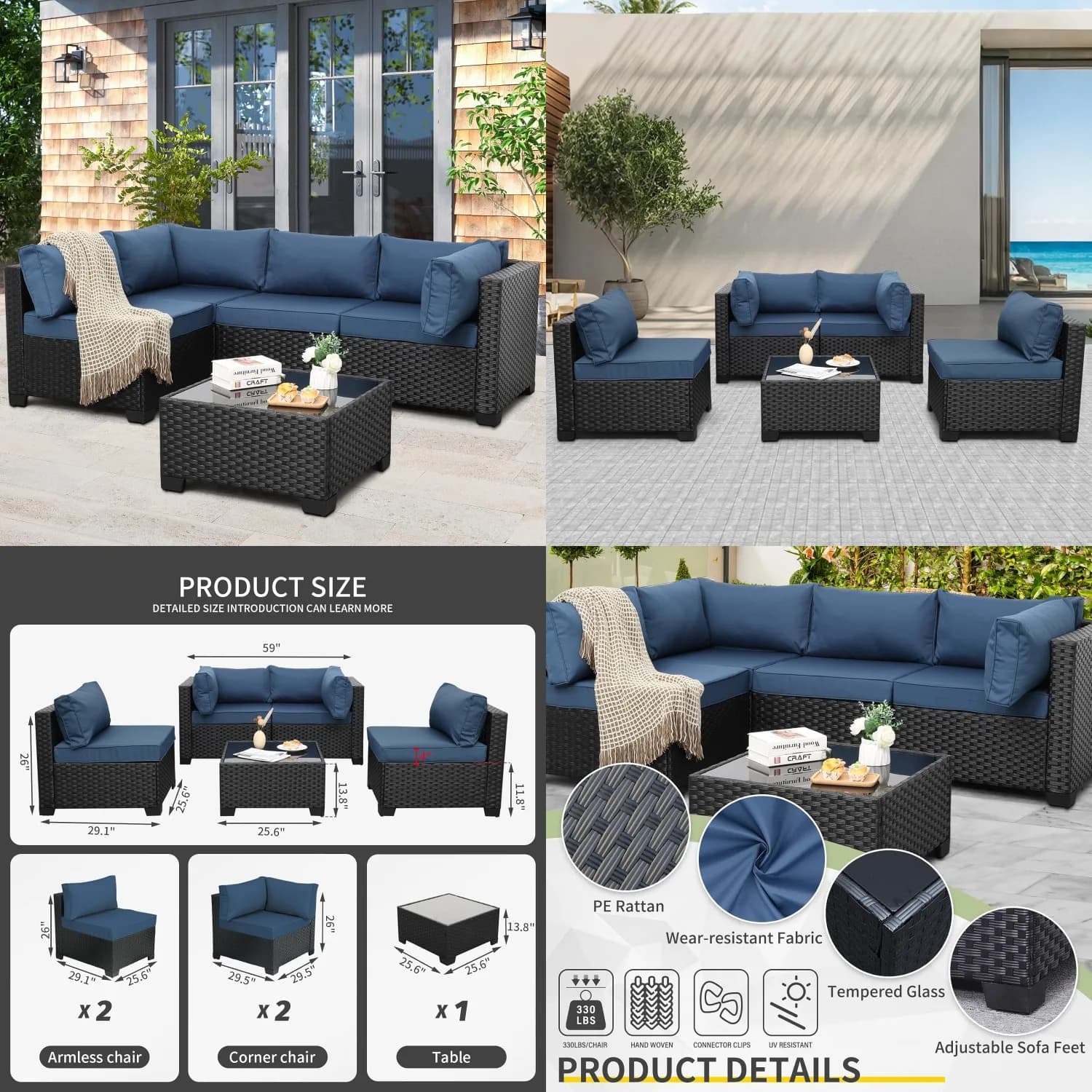 Set di Mobili da Giardino in 5 Pezzi, Divano Componibile in Rattan, Sedia, Tavolino, Cuscini Blu Navy, per Esterni e Balcone, Personalizzabile