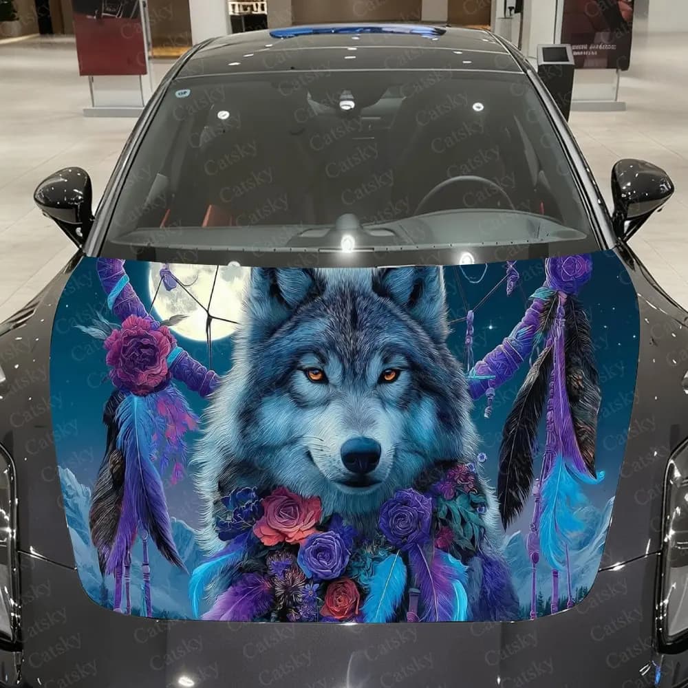 Moonlit Dreamcatcher Wolf Car Vinyl Wrap, PVC Waterproof Car Hood Sticker, Self-Adhesive Scratch-Resistant Stickers