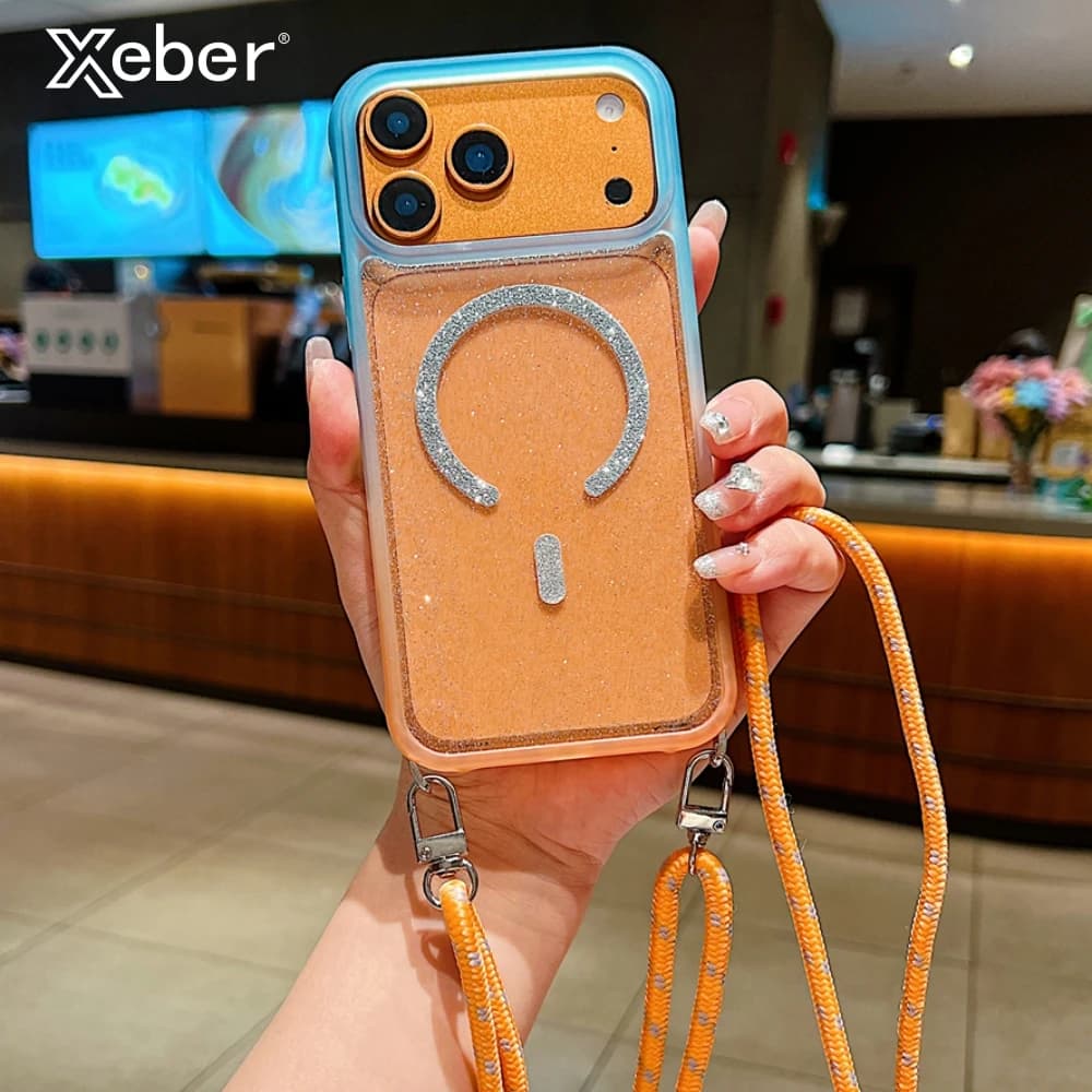 Necklace Cord Rope Lanyard Gradient Glitter Transparent Case For iPhone 17 16 15 Pro Max For Magsafe Wireless Charging Cover