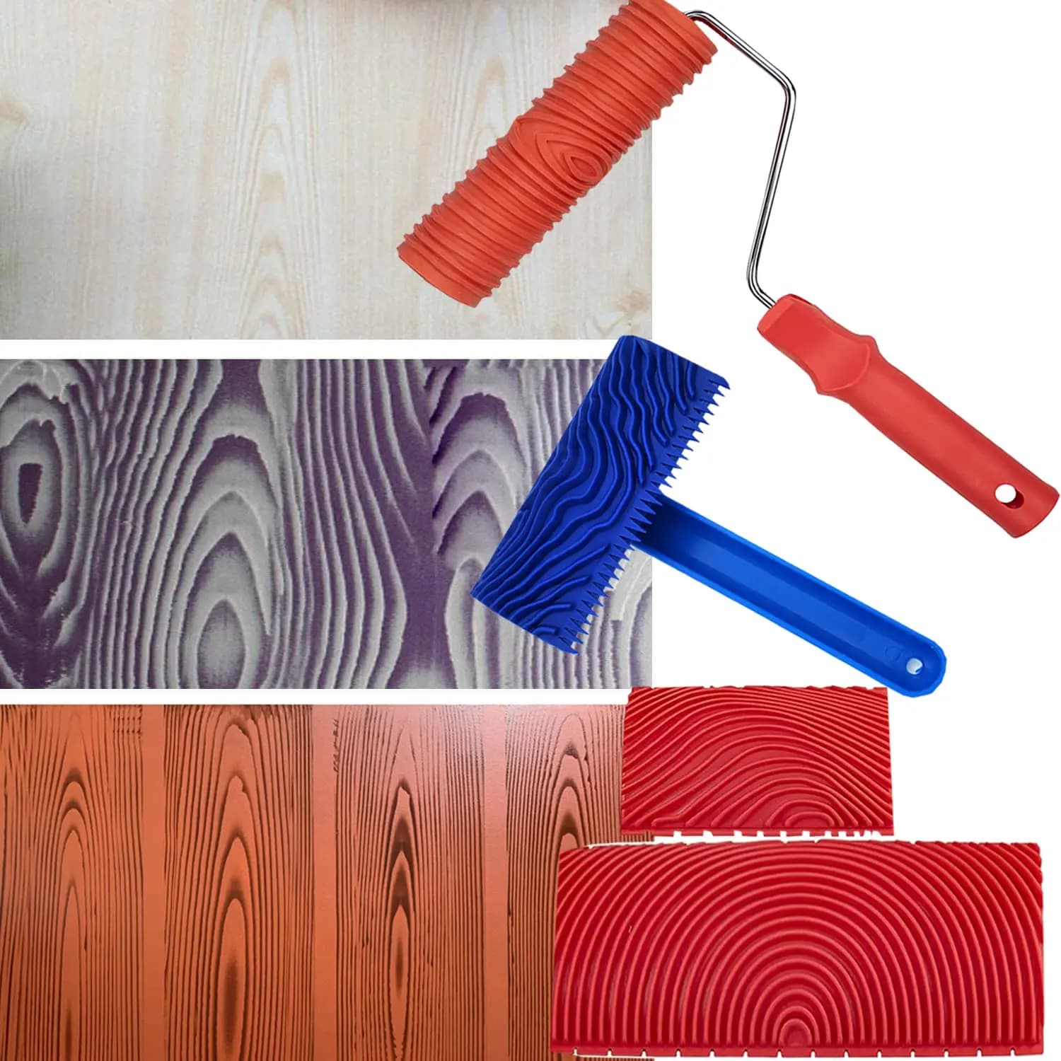 Set di strumenti per venature del legno Strumento per verniciatura a rulli per venature del legno finte con manico Strumento per venature della gomma fai-da-te per la decorazione della pittura artistica da parete