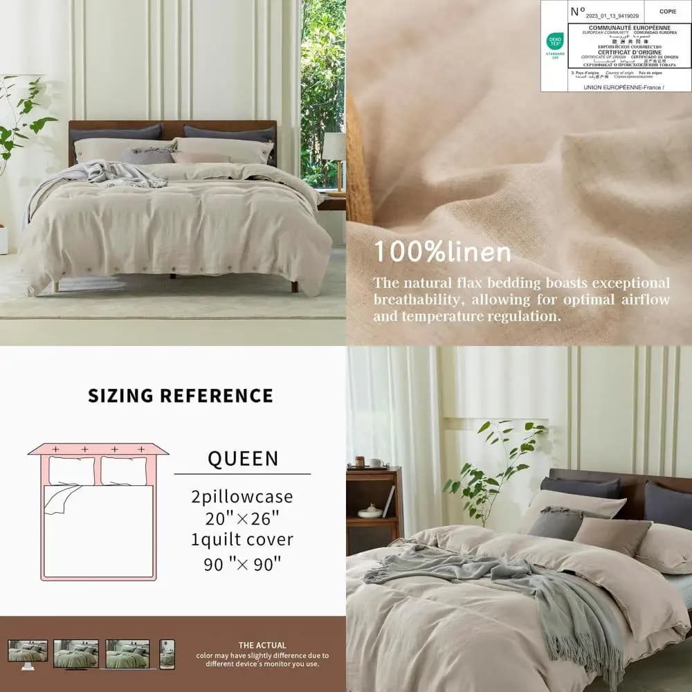 Set copripiumino Queen Size 100% puro lino - 90x90, 3 pezzi, morbido, traspirante, chiusura con bottoni in cocco, ideale per chiodori caldi