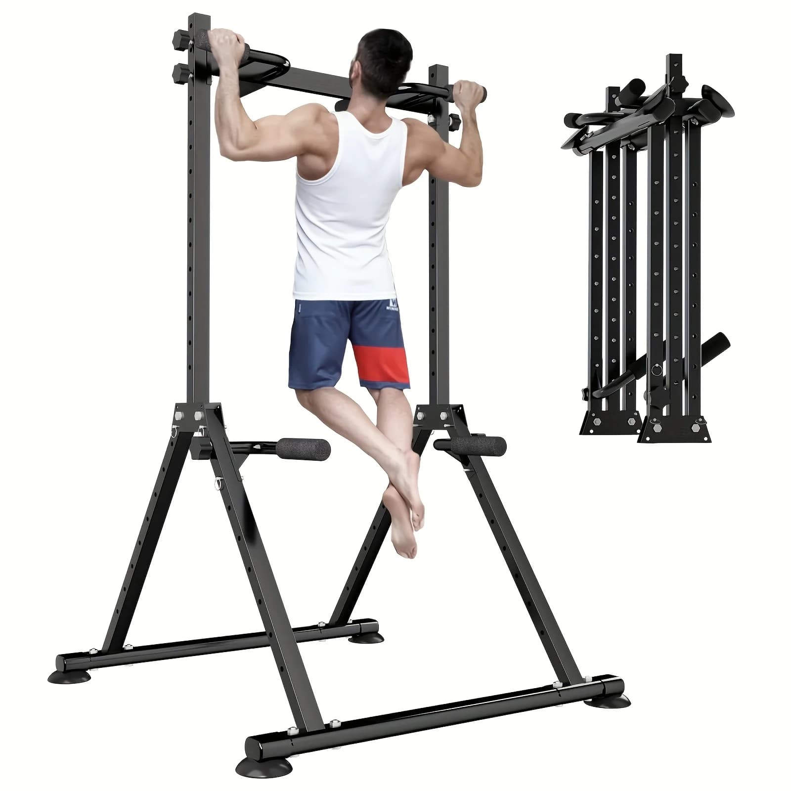 LEASBAR Power Tower Pieghevole con Barra per Trazioni e Stazione Dip, Struttura Triangolare Multifunzione per Allenamento di Forza a Casa