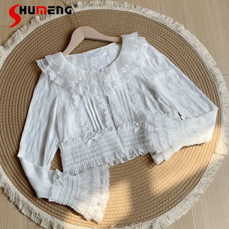 Camicetta da Donna con Colletto Giapponese Arricciato, Fiocco in Pizzo, Cardigan Tricolore, Stile Lolita, Maniche Svasate, Abbigliamento Y2k