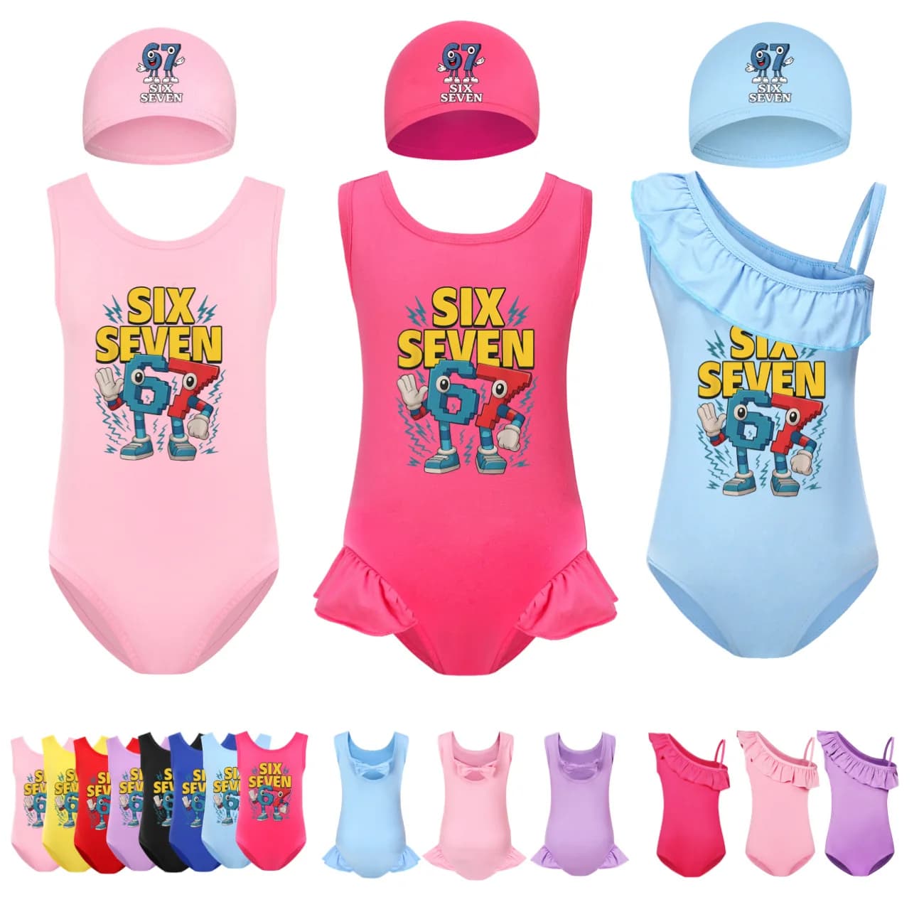 Costume da bagno per bambina Steal A BrainRot, set 2 pezzi, modello 67 Six Seven, costume intero da spiaggia con cappuccio, costume da bagno per bambini