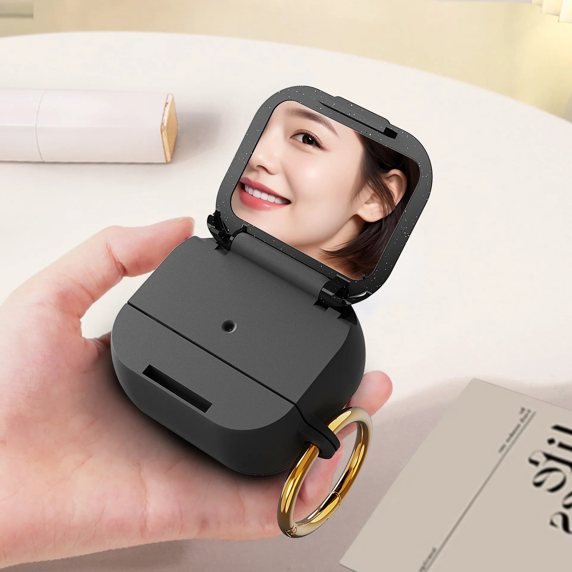 Suitable for AirPodspro 2/Airpods 4 beauty mirror earphone case, color-blocking stand, wavy headphone case
