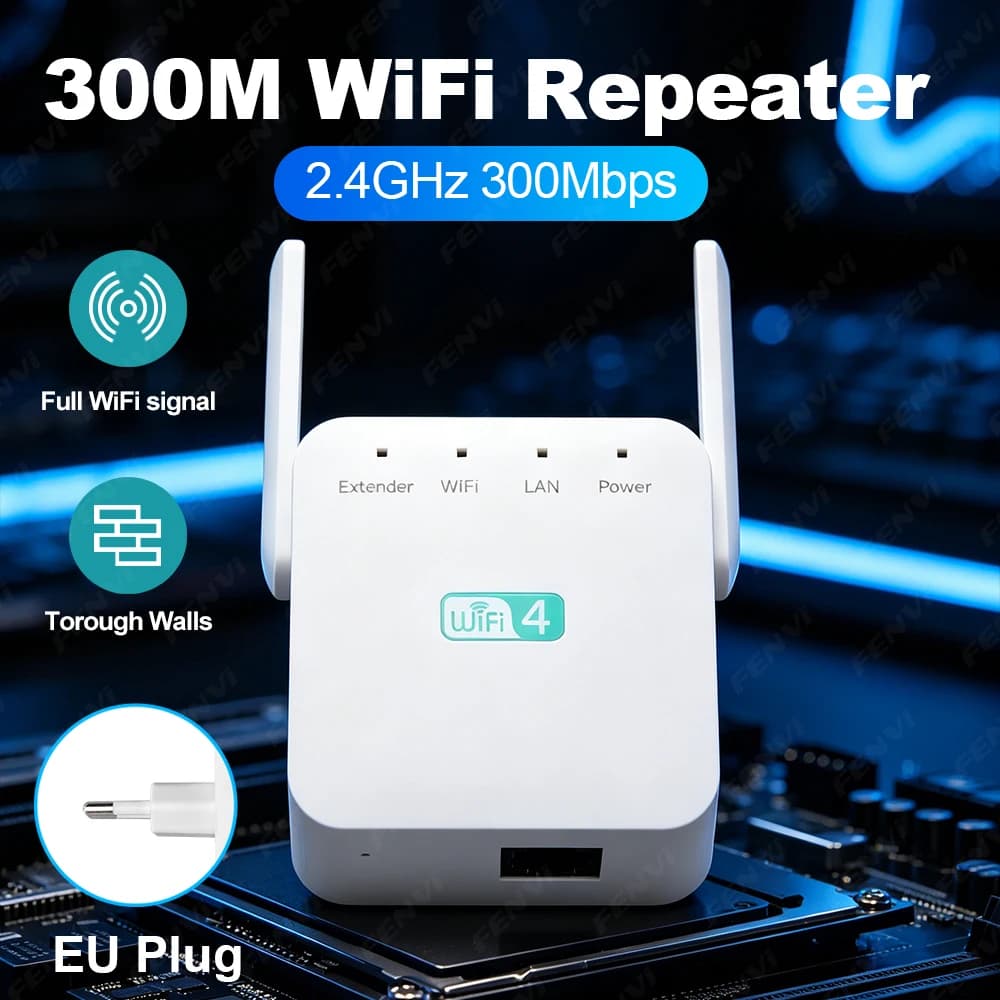 WiFi 4 300Mbps WiFi Repeater 2.4GHz Wireless Signal Booster Range Extender with LAN Port EU Plug for Home Router Through Walls