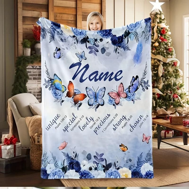 1pc Customized Blanket with Personalized Name and Text Design, Blue Butterfly and Flower Pattern, Creative Butterfly Print Blank