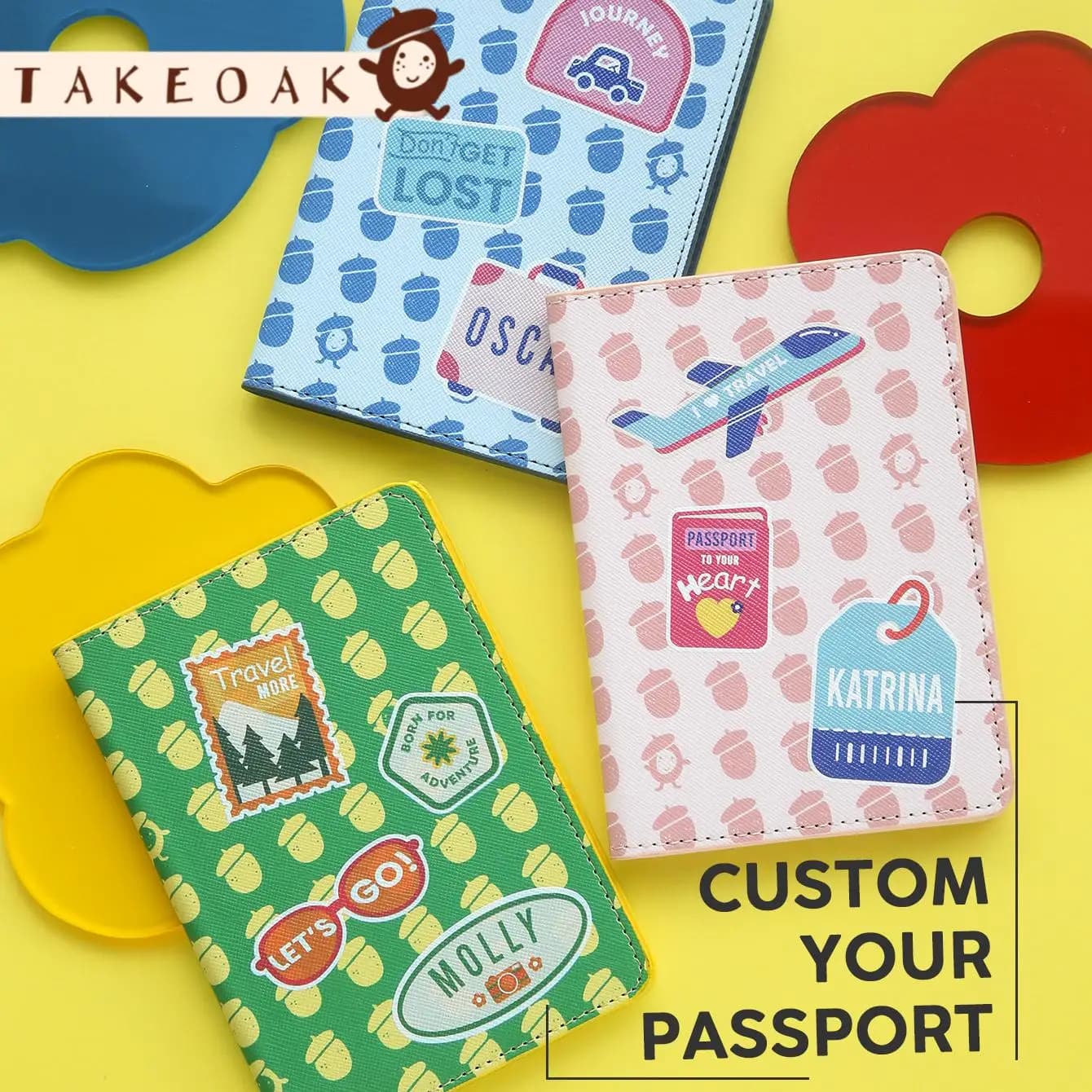 Porta Passaporto Personalizzato con Nome, Design da Viaggio con Cartoni Animati, in Pelle PU, Organizzatore Documenti di Viaggio con Monogramma Personalizzato