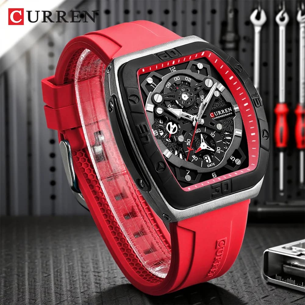 CURREN Men's Watch Chronograph Tonneau Design With Silicone Sport Strap Bracelet Black and Red Quartz Wrist Watch