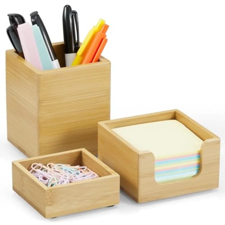 Desk Organizer Set of 3 - Bamboo Office Desk Accessories - Desk Organizers and Accessories for Women Men - Set incl. Pencil Pen