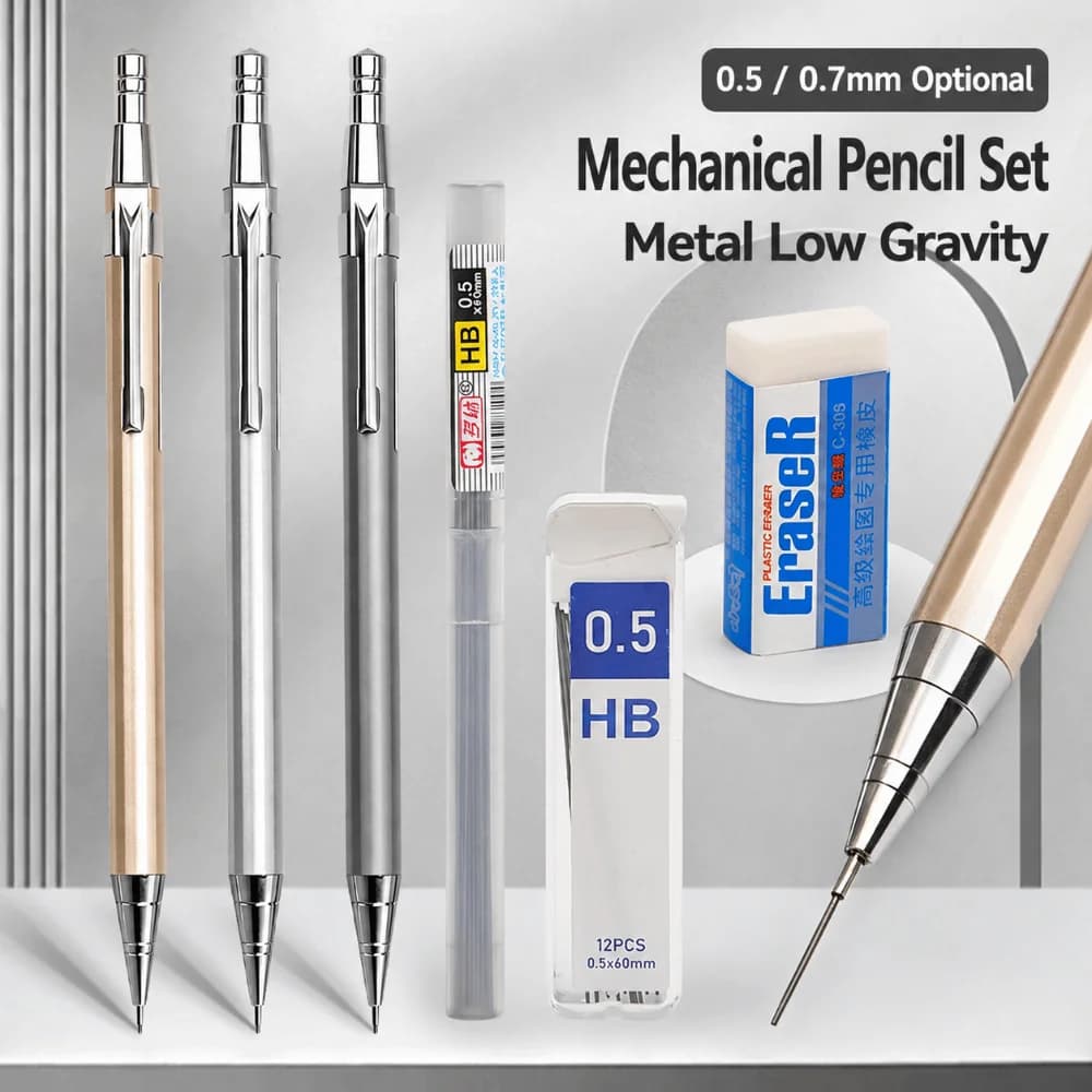 13pcs/set Metal Mechanical Pencil Set 0.5/0.7mm Break Resistant Automatic Pencil Low Center of Gravity HB Lead Pencils