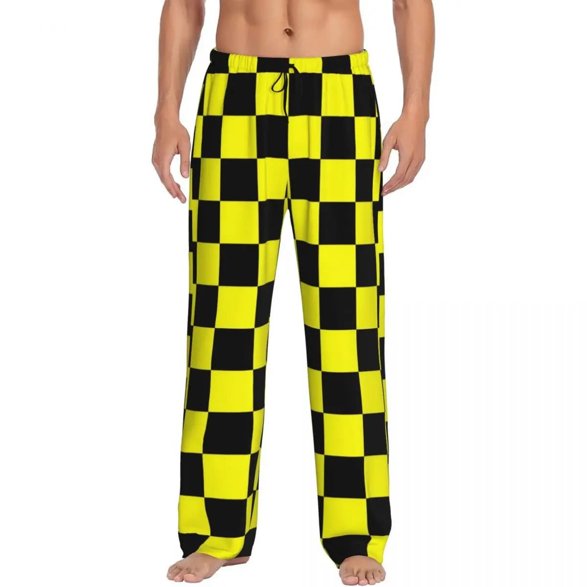 Pantaloni da pigiama a quadretti da uomo stampati personalizzati Pantaloni da notte gialli e neri con tasche