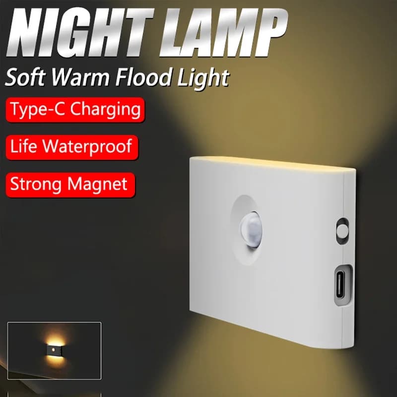 Luce notturna ricaricabile con sensore di movimento e sensore dal tramonto all'alba, luce LED bianca calda, design wireless, lampada da parete con presa europea, camera da letto