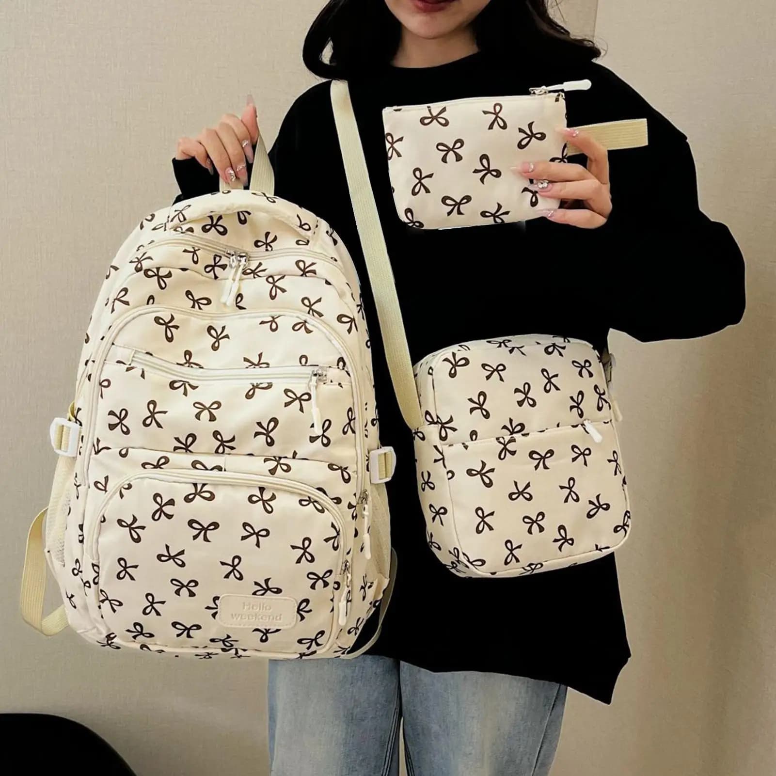 Zaino moda donna con stampa fiocco alla moda Zaino per studenti Borsa femminile Zaino Bowknot Zaino per scuola per studenti Borse da scuola