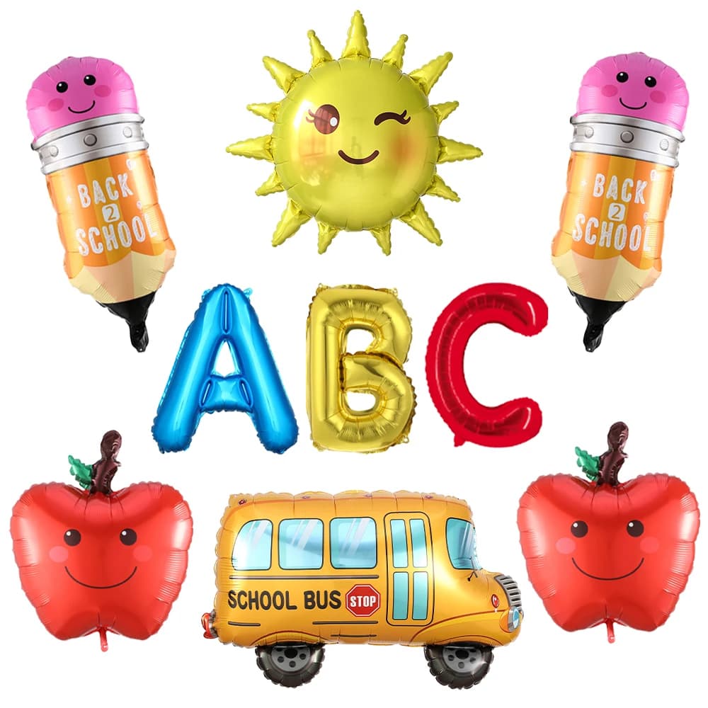 9Pcs Back To School Balloons Set School Bus Pencil Sun A B C Foil Balloon First Day of School Welcome Back To School Party Decor