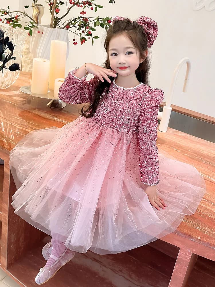 Princess Style Long Sleeve Pink Gown with Sequins Net Skirt Birthday Performance Dress for Little Girls Loose Waist Gradual C...