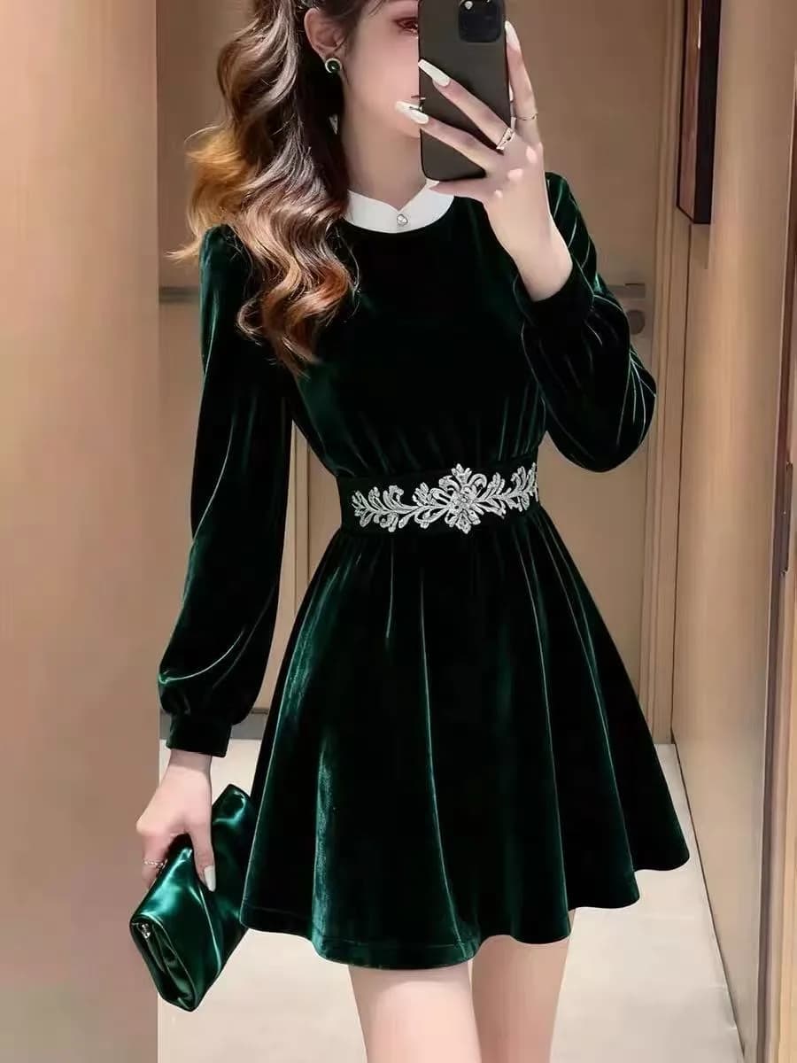 Green Velvet Dress Women's Slimming Hepburn Style Short Skirt Autumn Winter Fashion Elegant Ladylike Polyester Fiber A-Line S...