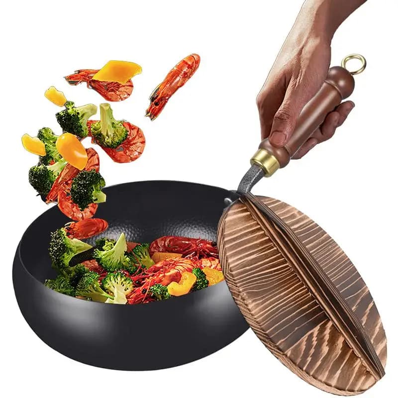 Kitchen Wok Kitchen Wok Iron for Frying Heat Resistant Iron Cooker Uncoated with Cover for Interior Camping Kitchen for Home Restaurant Kitchen