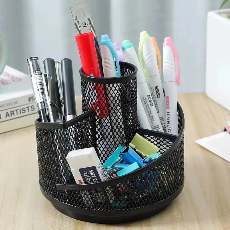 1PC Rotating Pen Holder Desktop Multi-functional Storage Box Metal Mesh360-degree Free Rotation Pen Holder Office Supplies