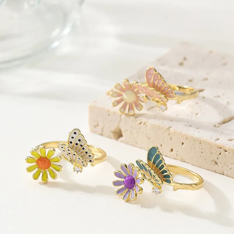Anello a farfalla smaltato alla moda e fresco per donna, non scolorisce, regolabile, leggero e lussuoso, anello aperto