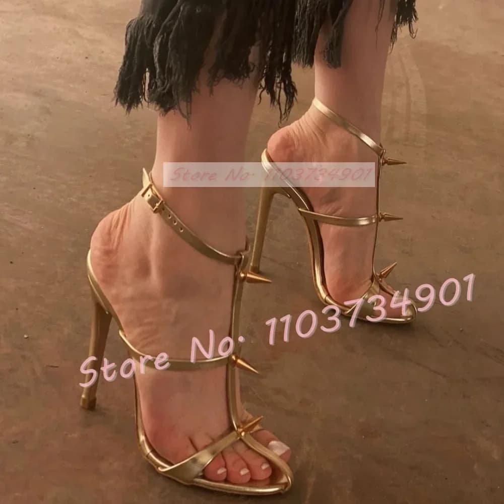 Ankle Strap Sandals With Golden Metal Rivet Shoes with High Spiral Heel With Women's Round Toe Shoes Women's Shoes With Belt Buckle Luxury Fashionable Party Sandals