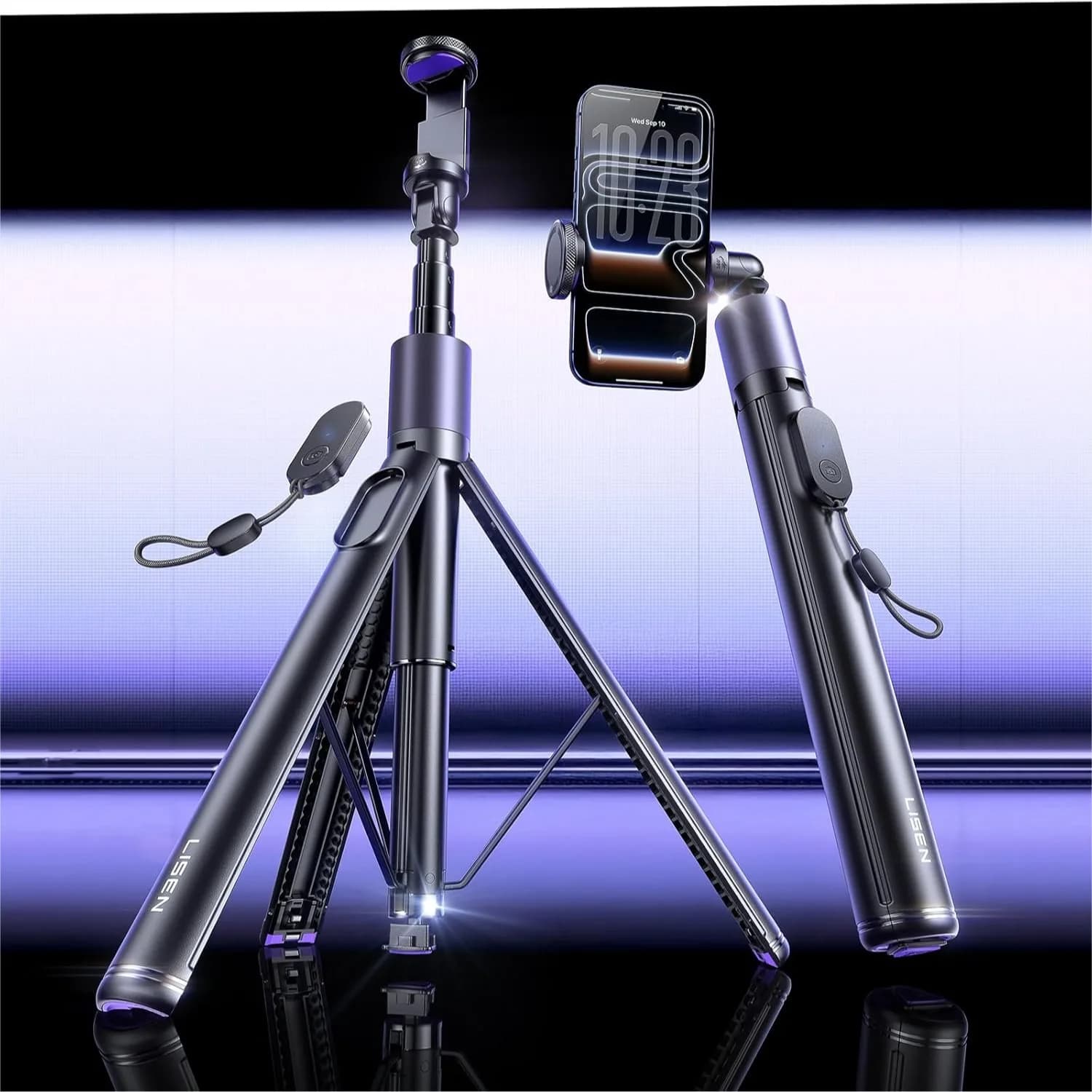 Treppiede per telefono con supporto auto-ripostabile, selfie stick estensibile da 67 pollici e telecomando per iPhone e Android per registrazione video e vlogging