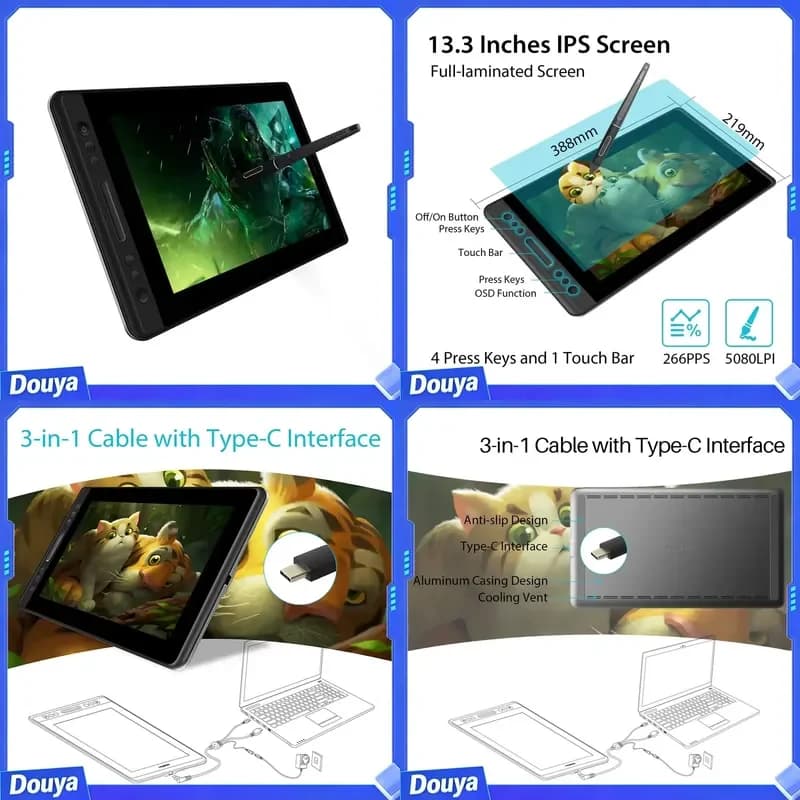 Battery-Free Kamvas Pro13 120% SRGB 8192 Pressure Levels Digital Pen Drawing Display Graphic Tablet