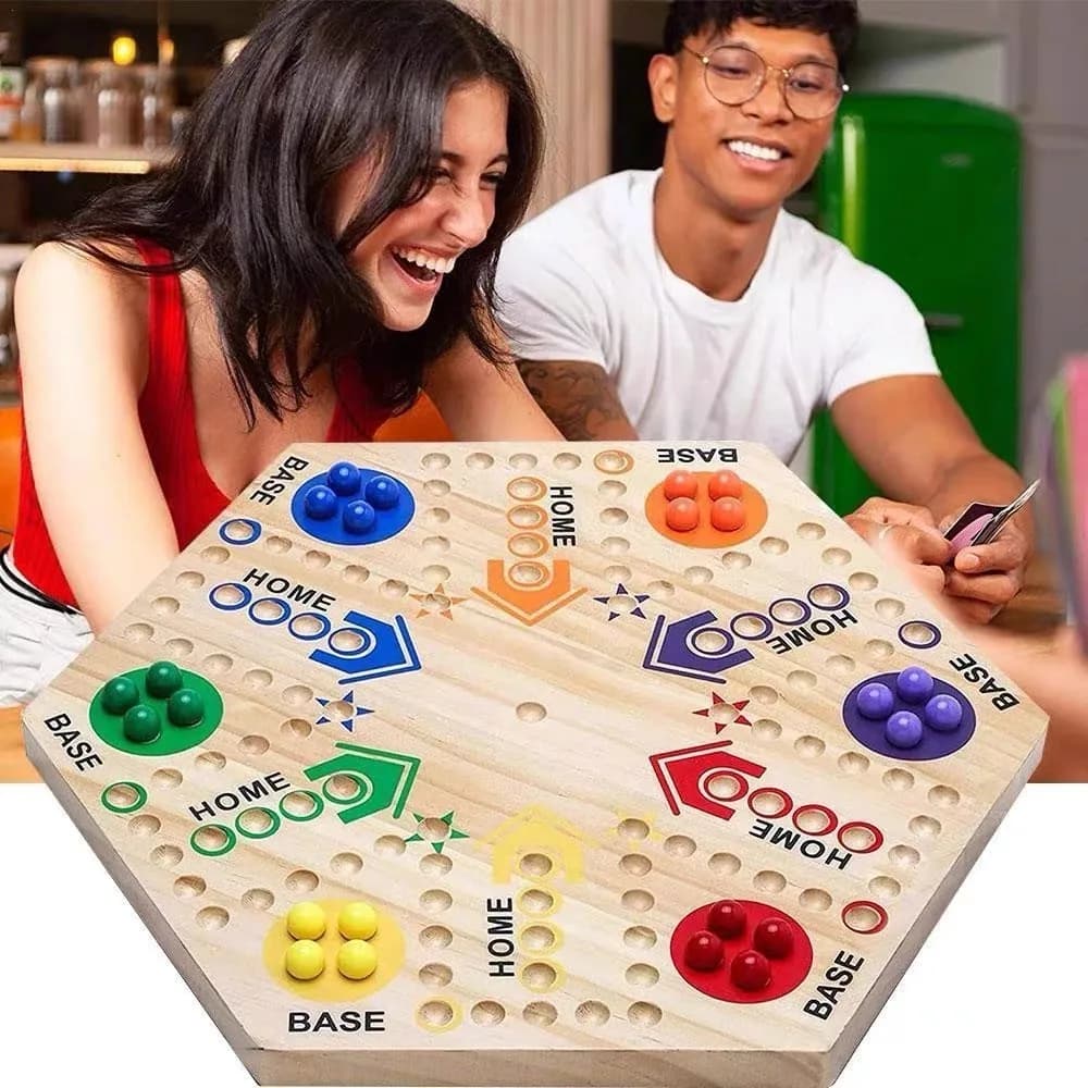 Gioco da tavolo in marmo Gioco da tavolo in legno verniciato a doppia faccia con traccia rapida per 6 e 4 giocatori, 6 colori 24 biglie + 6 dadi